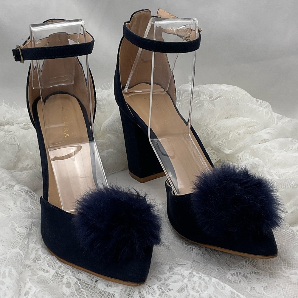 Zalore Women’s Sz6.5 Navy Blue Pointed-Toe Featuring Pom-Poms Women's Heels 0205 - Picture 5 of 15